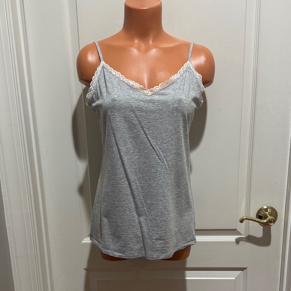 LOFT Gray Ivory Lace Trimmed Cami Adjustable Straps L Large EUC $40 KL